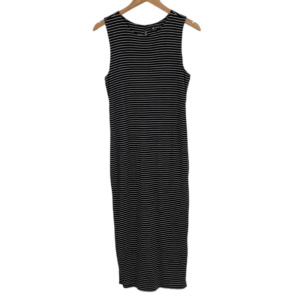 Athleta‎ Lenzing Modal Midi Dress Womens Medium Black White Stripe Twist Back